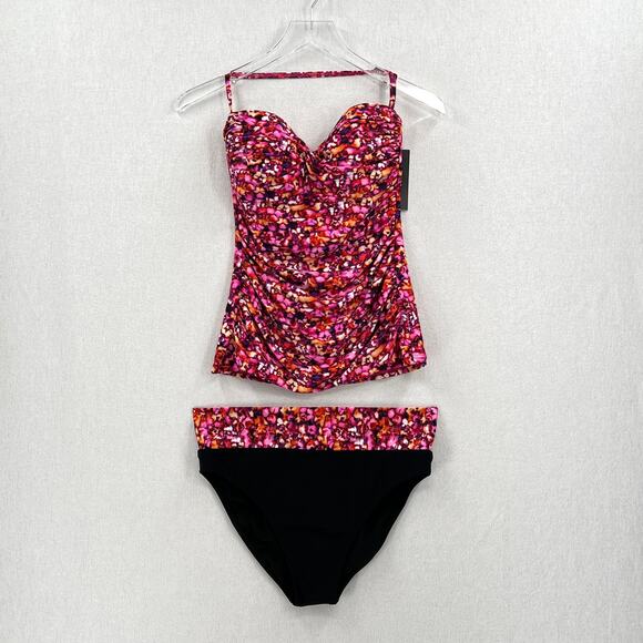 PROFILE Ruched Print Halter Tankini Swimsuit Women 10 Pink Black Convertible NEW - Picture 1 of 16